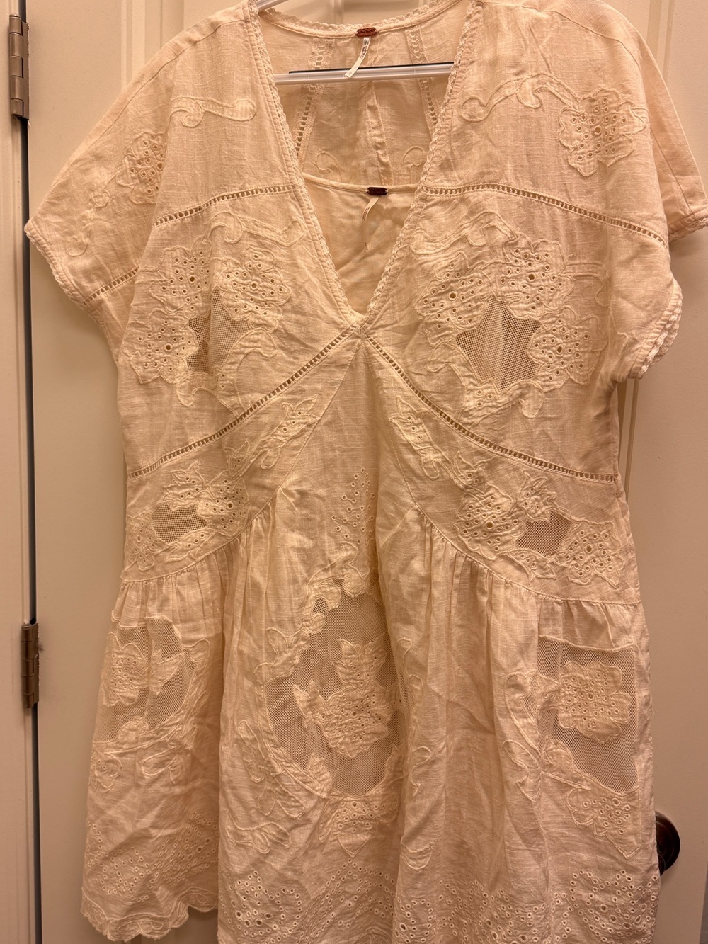 Free People Cream Embroidered V-Neck Mini Dress